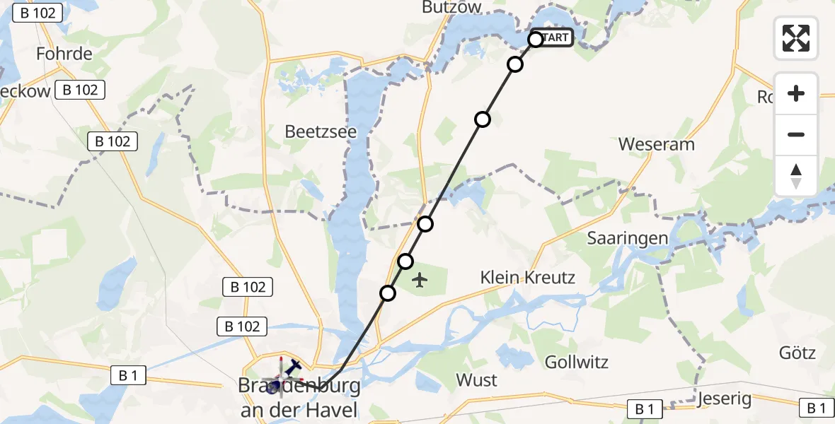 Flugroute Polizeihubschrauber Roskow - Brandenburg an der Havel, 28 Juni 2026, 19:08