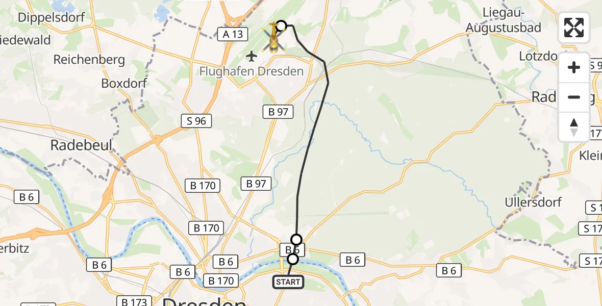 Flugroute Rettungshubschrauber Dresden University Hospital - Dresden Bundespolizei Hubschrauberlandeplatz, 28 Juni 2026, 19:14