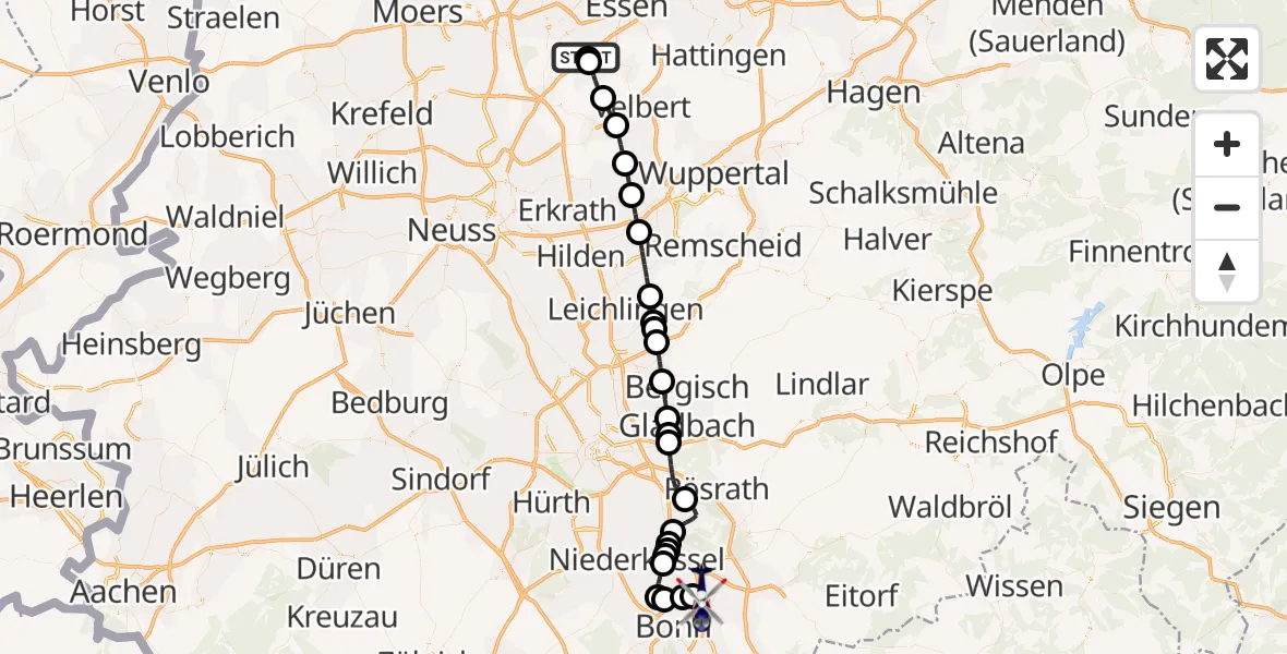 Flugroute Polizeihubschrauber Essen-Mülheim Flughafen - Sankt Augustin, 28 Juni 2026, 19:15