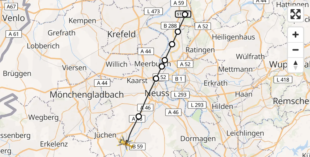 Flugroute Rettungshubschrauber Duisburg Air Rescue Hubschrauberlandeplatz (Christoph 9) - Grevenbroich, 28 Juni 2026, 19:16