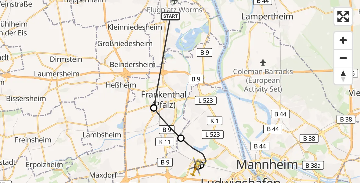 Flugroute Rettungshubschrauber Bobenheim-Roxheim - Ludwigshafen Accident Hospital, 28 Juni 2026, 19:18