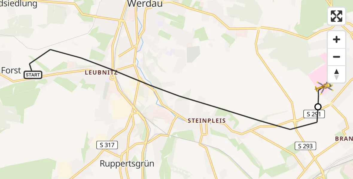 Flugroute Rettungshubschrauber Werdau - ADAC Air Rescue Station Zwickau Hubschrauberlandeplatz, 28 Juni 2026, 19:19