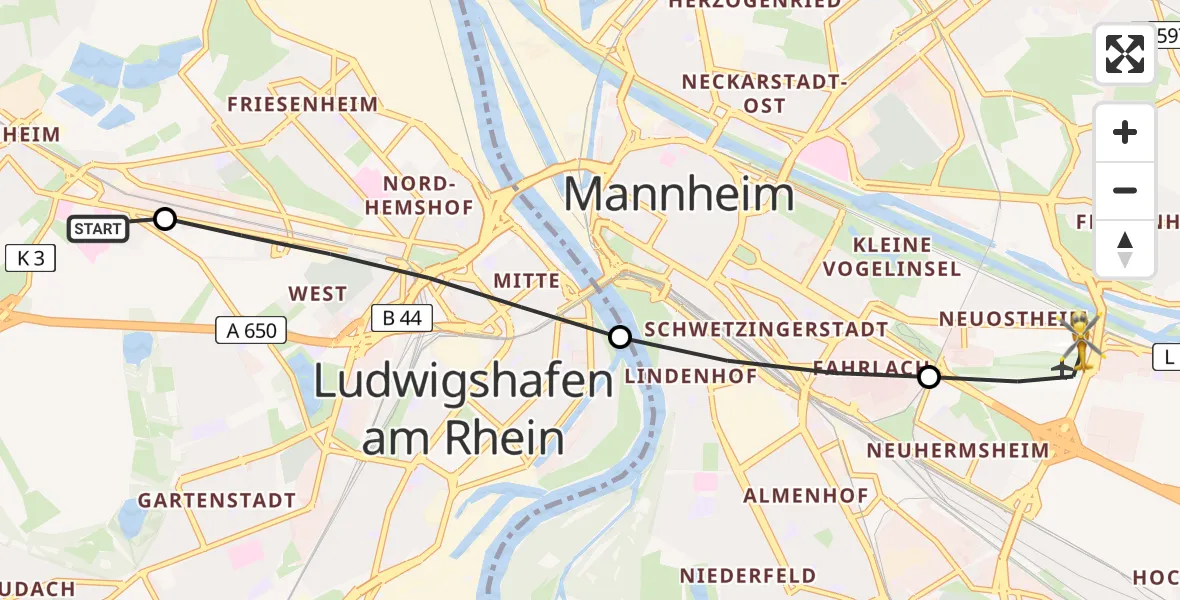 Flugroute Rettungshubschrauber Ludwigshafen Accident Hospital - Mannheim-City Flughafen, 28 Juni 2026, 19:22