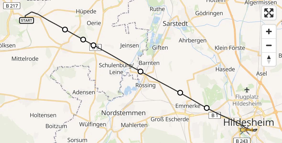 Flugroute Rettungshubschrauber Springe - Hildesheim, 28 Juni 2026, 19:25
