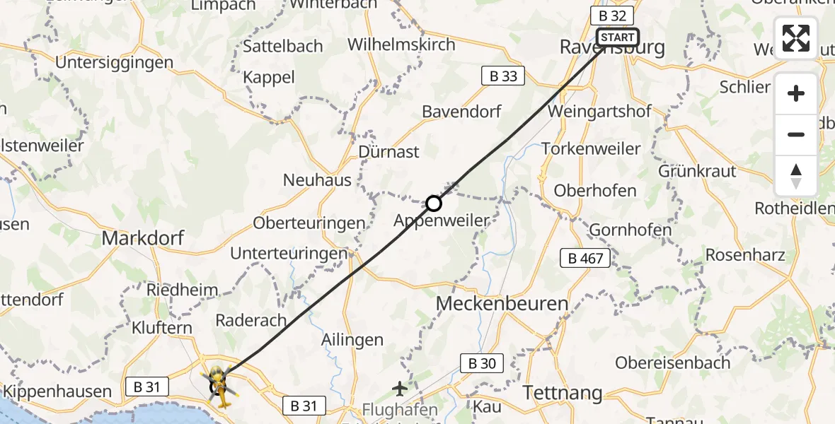 Flugroute Rettungshubschrauber Ravensburg - Friedrichshafen Hospital, 28 Juni 2026, 19:26