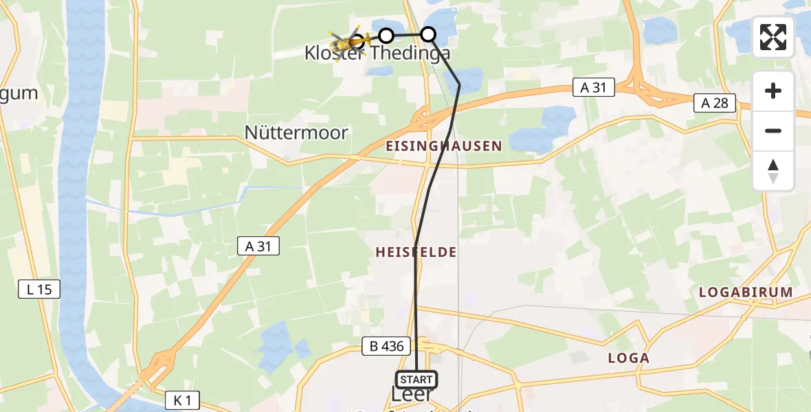 Flugroute Rettungshubschrauber Leer (Ostfriesland) - Flugplatz Leer-Papenburg, 28 Juni 2026, 19:27