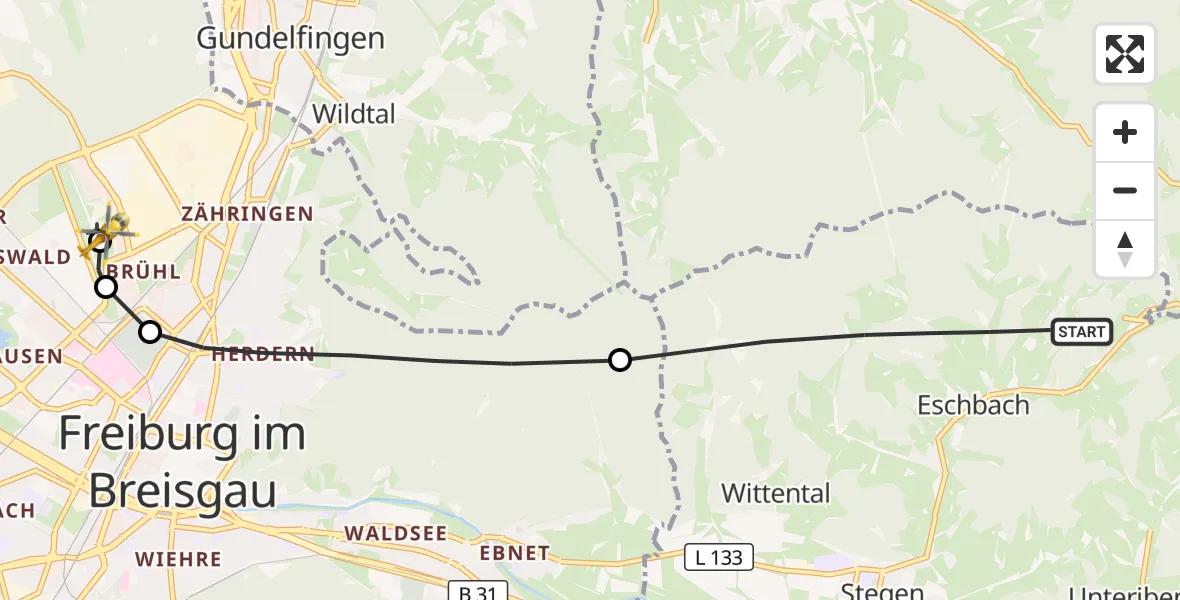 Flugroute Ambulanzhubschrauber Stegen - Freiburg im Breisgau Flugplatz, 28 Juni 2026, 19:31