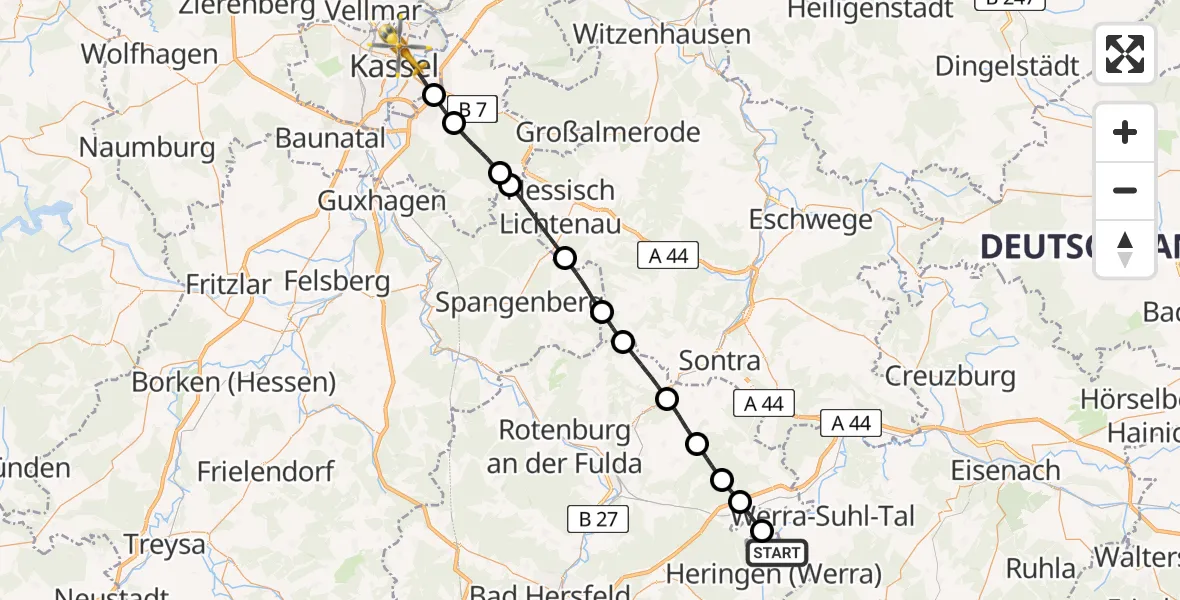 Flugroute Rettungshubschrauber Heringen (Werra) - Kassel, 28 Juni 2026, 19:33