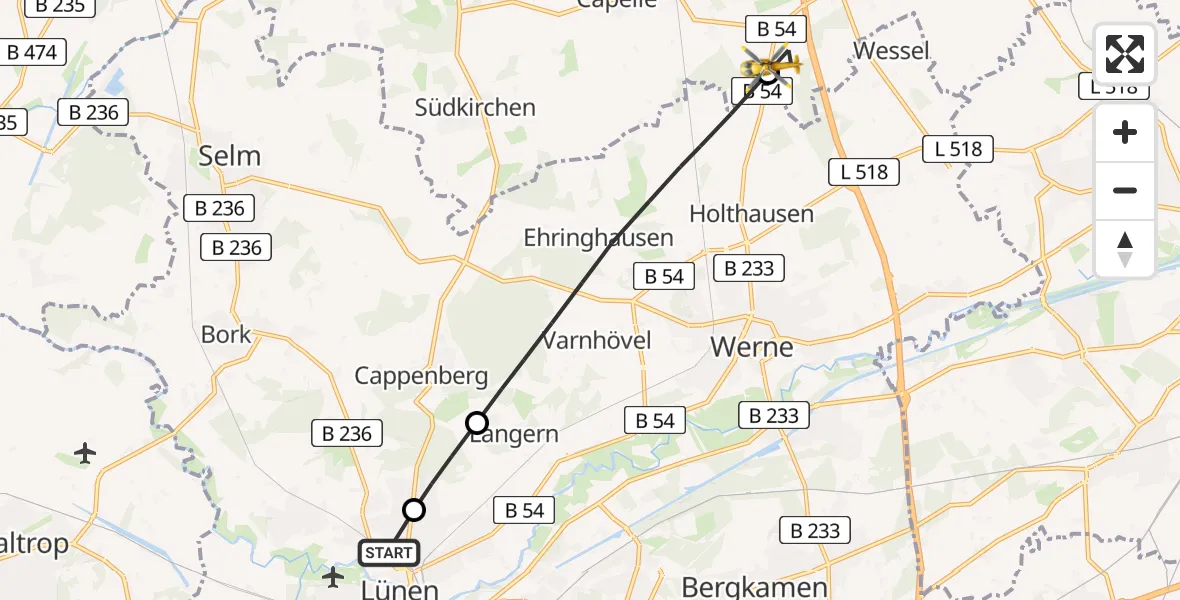 Flugroute Rettungshubschrauber Sankt Marien Hospital - Ascheberg, 28 Juni 2026, 19:35