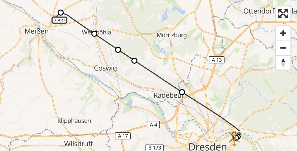 Flugroute Rettungshubschrauber Meißen - Dresden University Hospital, 28 Juni 2026, 19:43