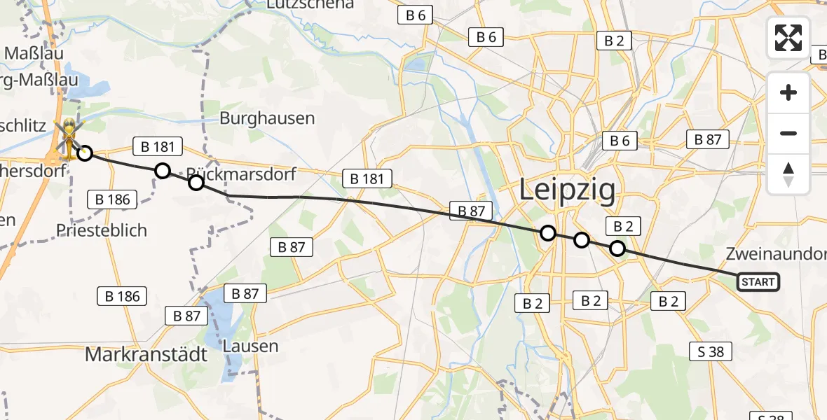 Flugroute Rettungshubschrauber Leipzig - ADAC Air Rescue Station Leipzig/Schkeuditz-Dölzig Hubschrauberlandeplatz (Christoph 61), 28 Juni 2026, 19:44