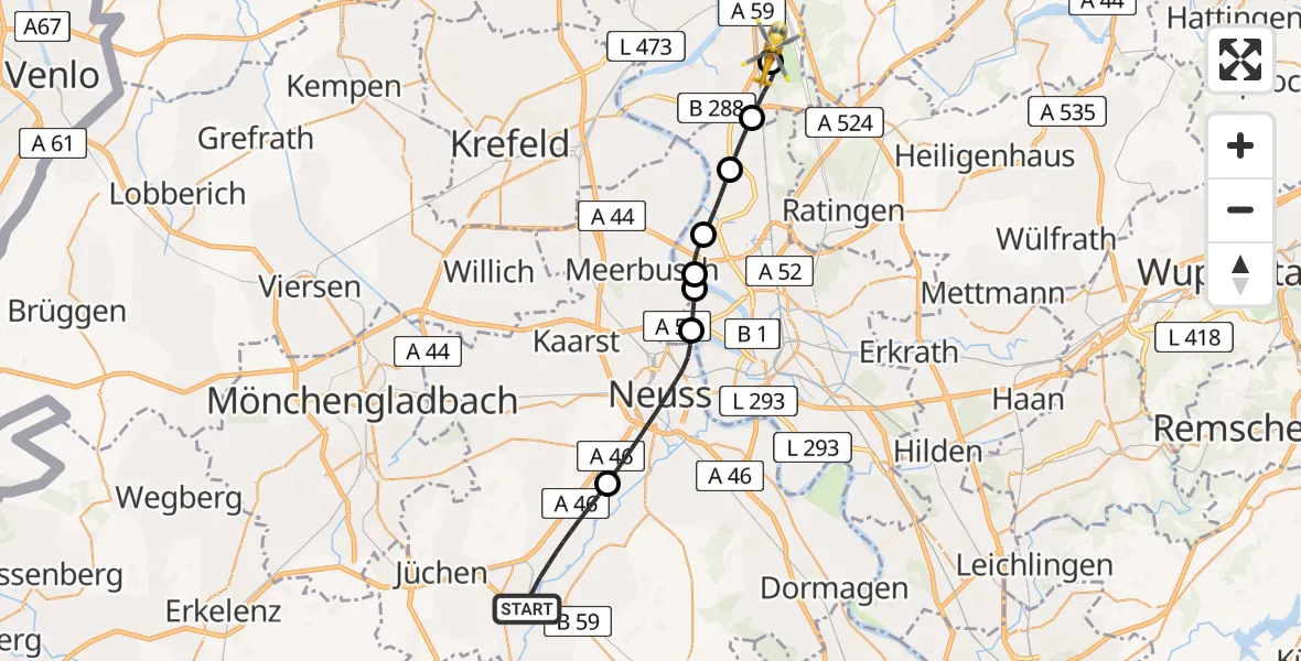 Flugroute Rettungshubschrauber Grevenbroich - Duisburg Air Rescue Hubschrauberlandeplatz (Christoph 9), 28 Juni 2026, 19:46