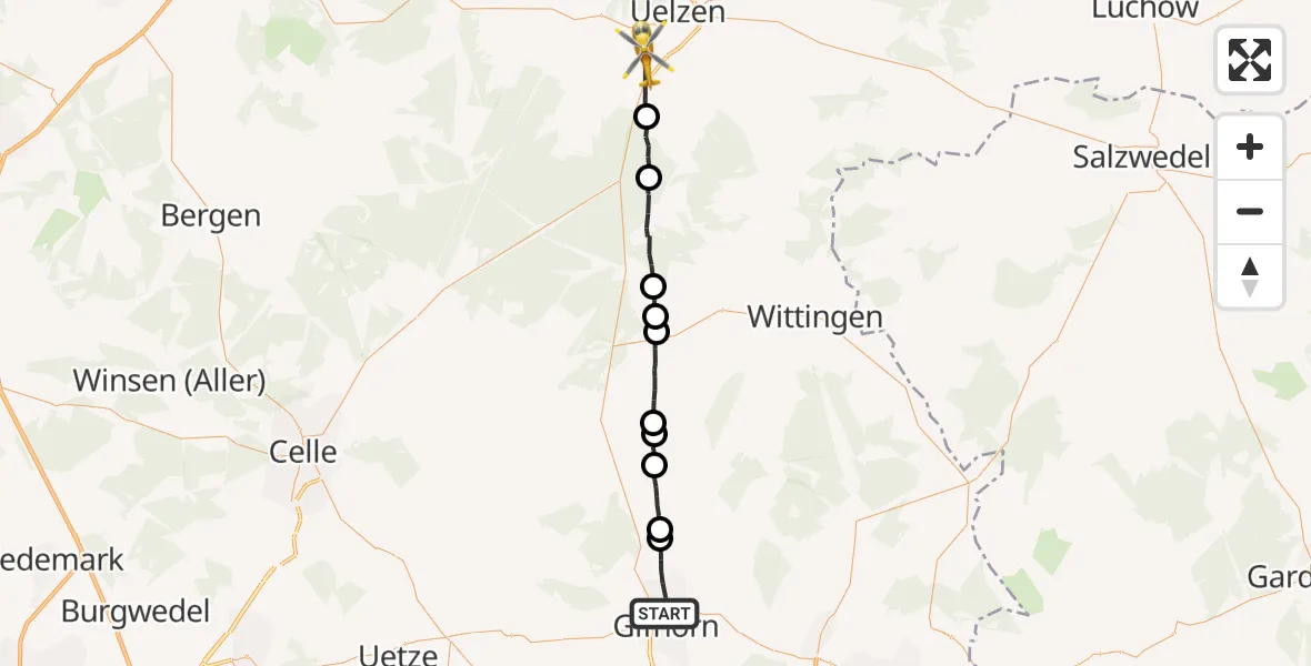Flugroute Rettungshubschrauber Gifhorn - Uelzen, 28 Juni 2026, 19:50