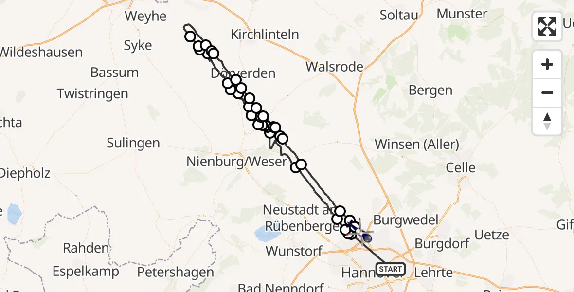 Flugroute Polizeihubschrauber Hannover Luftrettung Hubschrauberlandeplatz (Christoph 4) - Flughafen Hannover, 28 Juni 2026, 19:53