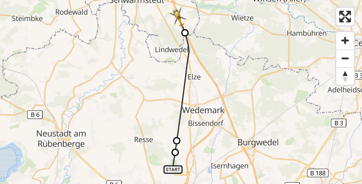 Flugroute Rettungshubschrauber Flughafen Hannover - Buchholz (Aller), 28 Juni 2026, 19:56