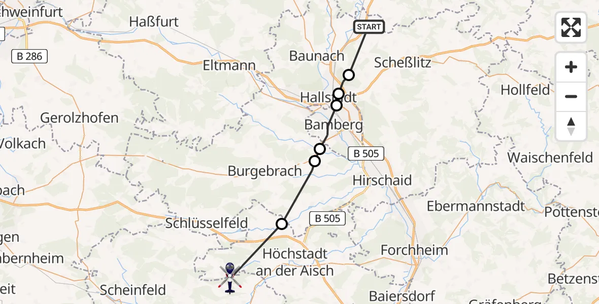 Flugroute Polizeihubschrauber Zapfendorf - Uehlfeld, 28 Juni 2026, 19:58