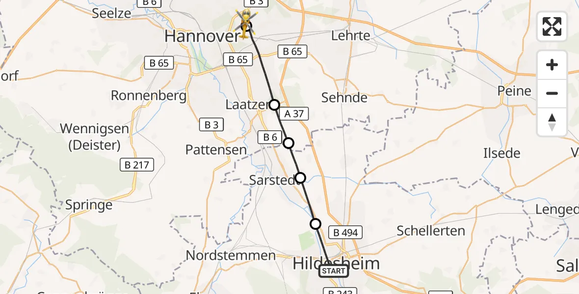 Flugroute Rettungshubschrauber Hildesheim - Hannover Luftrettung Hubschrauberlandeplatz (Christoph 4), 28 Juni 2026, 20:06