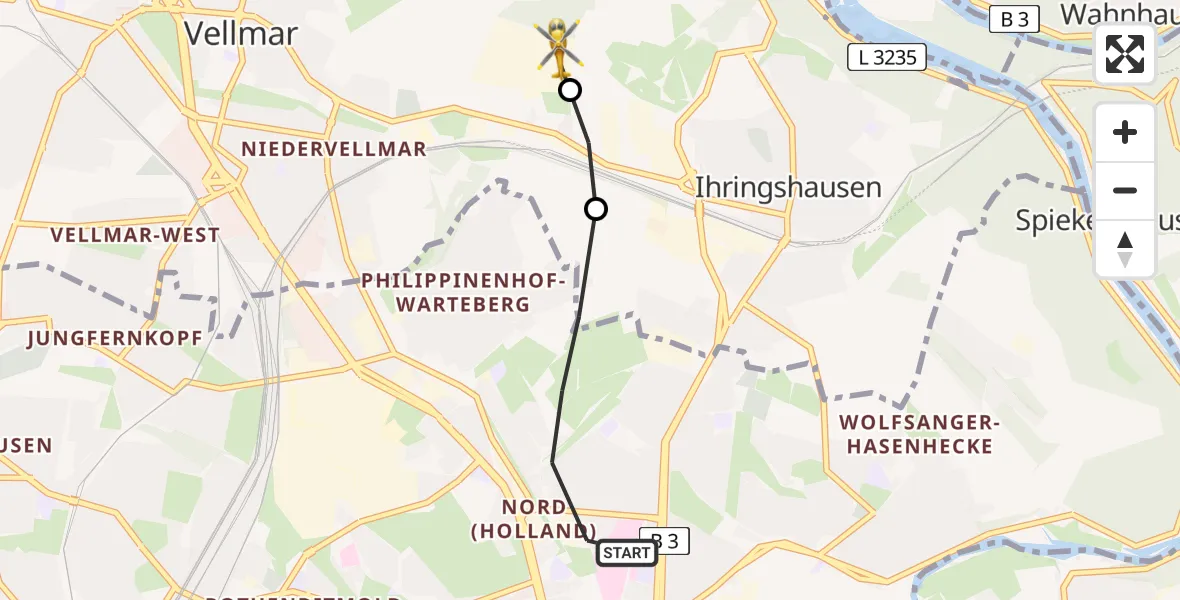 Flugroute Rettungshubschrauber Kassel - Fuldatal Bundespolizei Hubschrauberlandeplatz, 28 Juni 2026, 20:07