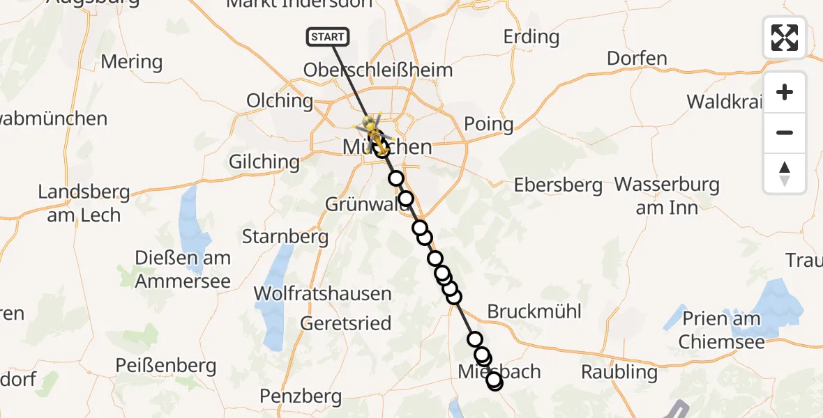 Flugroute Rettungshubschrauber Röhrmoos - Deutsches Herzzentrum München, 28 Juni 2026, 20:12