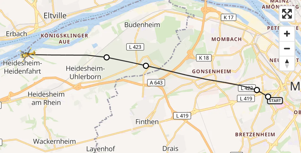 Flugroute Rettungshubschrauber Mainz University Hospital - Ingelheim am Rhein, 28 Juni 2026, 20:17