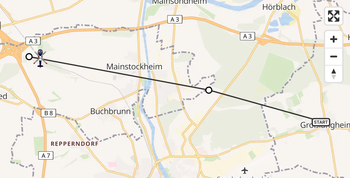 Flugroute Polizeihubschrauber Großlangheim - Mainstockheim, 28 Juni 2026, 20:17