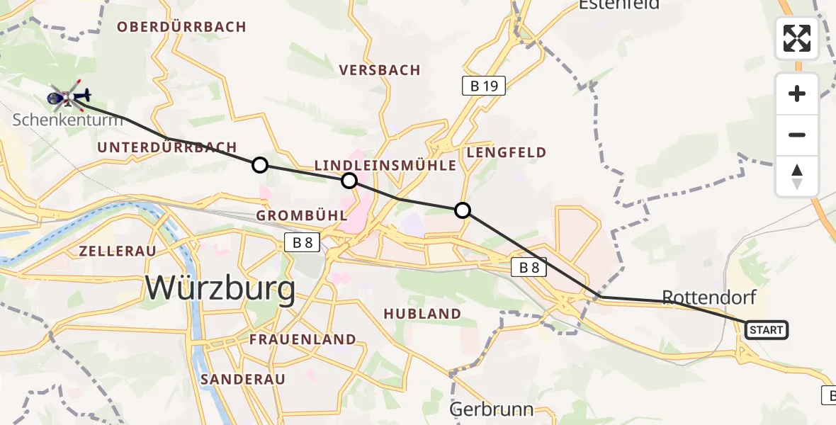 Flugroute Polizeihubschrauber Rottendorf - Würzburg-Schenkenturm Flugplatz, 28 Juni 2026, 20:21