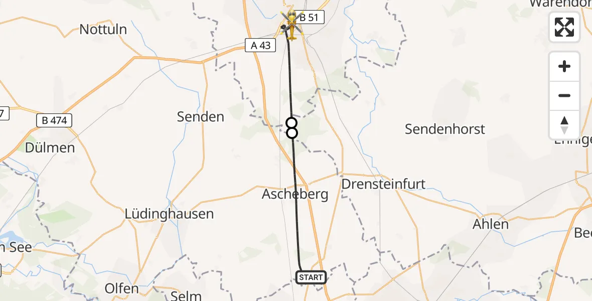 Flugroute Rettungshubschrauber Ascheberg - Münster, 28 Juni 2026, 20:23