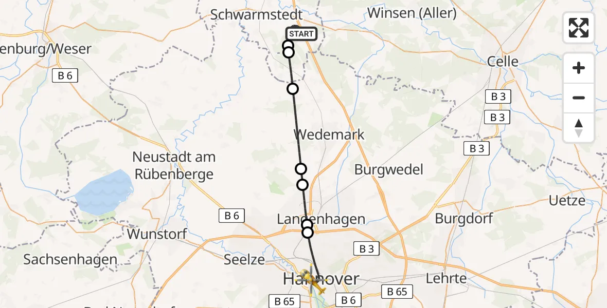 Flugroute Rettungshubschrauber Buchholz (Aller) - Hannover, 28 Juni 2026, 20:45