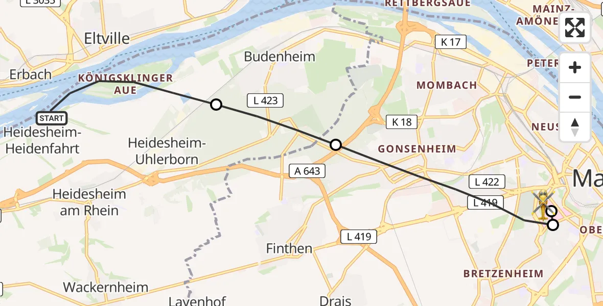 Flugroute Rettungshubschrauber Ingelheim am Rhein - Mainz University Hospital, 28 Juni 2026, 20:54