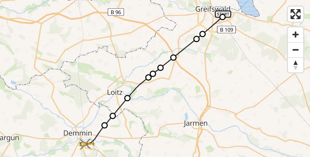 Flugroute Rettungshubschrauber Greifswald Hospital - Demmin, 28 Juni 2026, 20:56