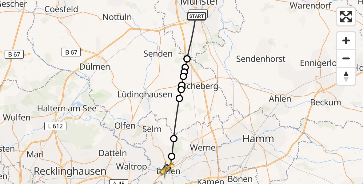 Flugroute Rettungshubschrauber Münster - Sankt Marien Hospital, 28 Juni 2026, 21:02