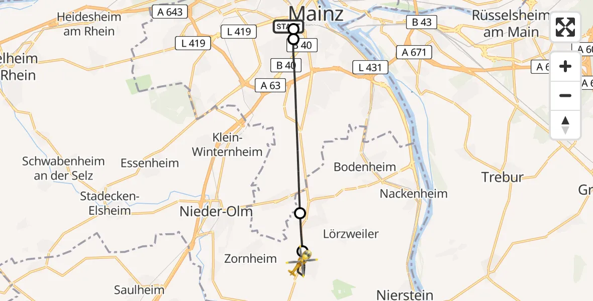 Flugroute Rettungshubschrauber Mainz University Hospital - Mommenheim, 28 Juni 2026, 21:20