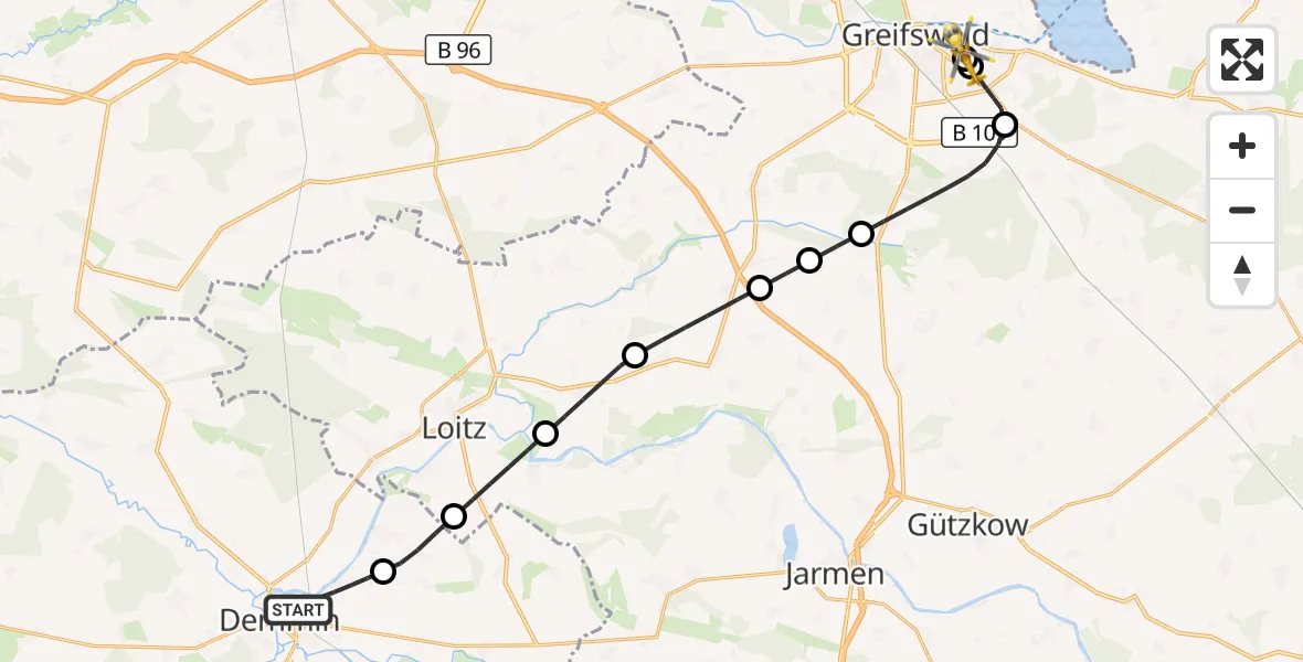 Flugroute Rettungshubschrauber Demmin - Greifswald Hospital, 28 Juni 2026, 21:40