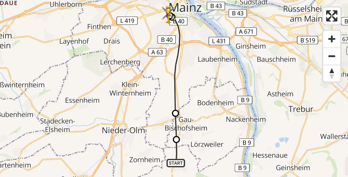 Flugroute Rettungshubschrauber Mommenheim - Mainz University Hospital, 28 Juni 2026, 21:57