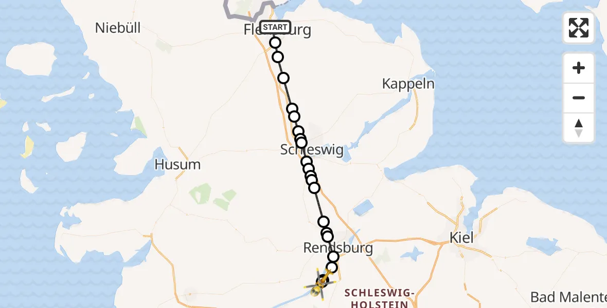 Flugroute Ambulanzhubschrauber Flensburg - Rendsburg-Schachtholm Flugplatz, 28 Juni 2026, 22:36