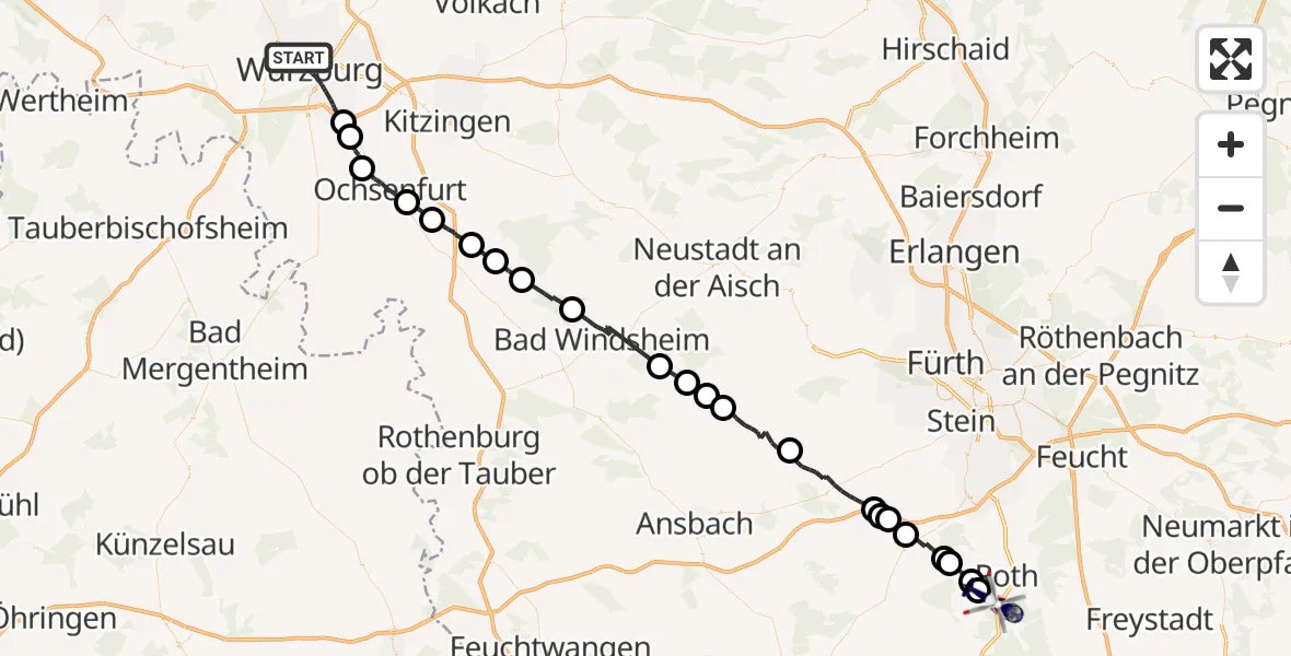 Flugroute Polizeihubschrauber Würzburg - Roth, 28 Juni 2026, 22:45