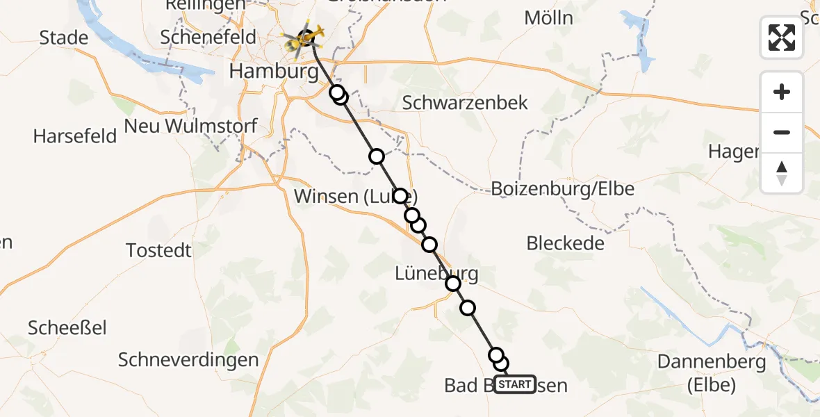 Flugroute Rettungshubschrauber Bad Bevensen - Hamburg Military Hospital, 28 Juni 2026, 23:02