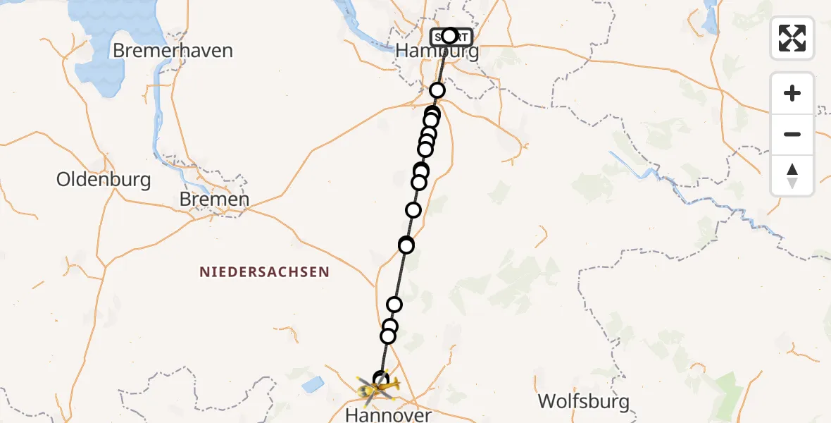 Flugroute Rettungshubschrauber Hamburg Military Hospital - Flughafen Hannover, 29 Juni 2026, 00:20