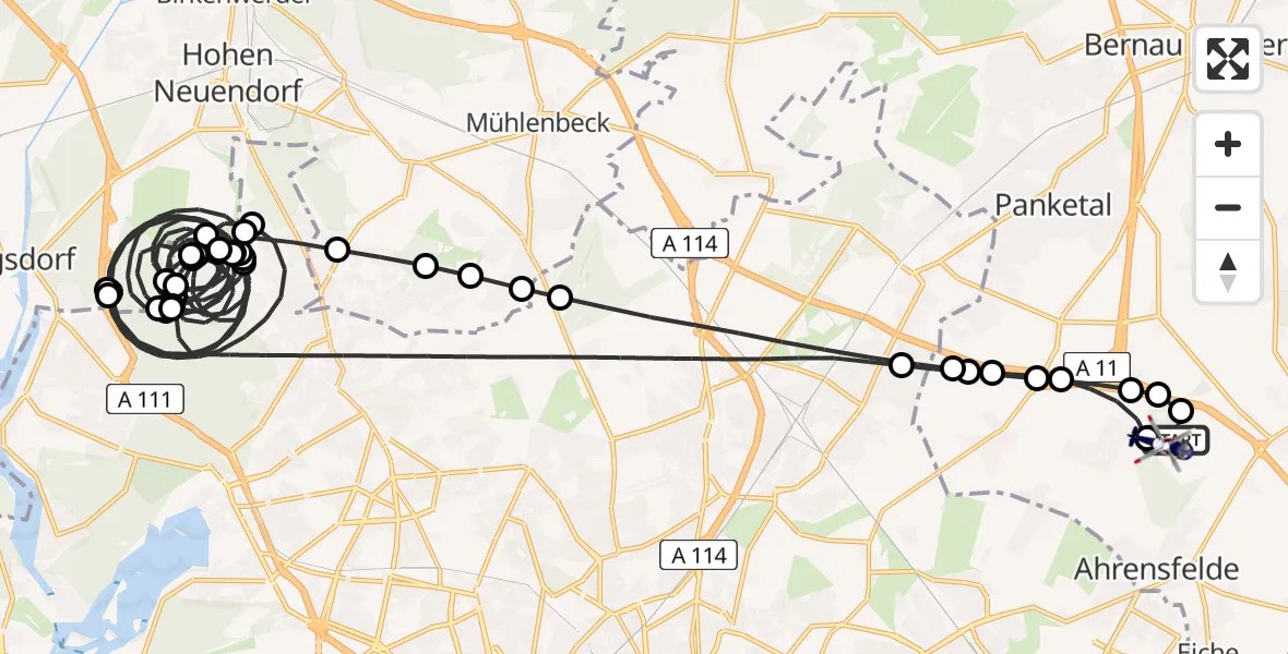 Flugroute Polizeihubschrauber Ahrensfelde Hubschrauberlandeplatz - Ahrensfelde Hubschrauberlandeplatz, 29 Juni 2026, 00:58