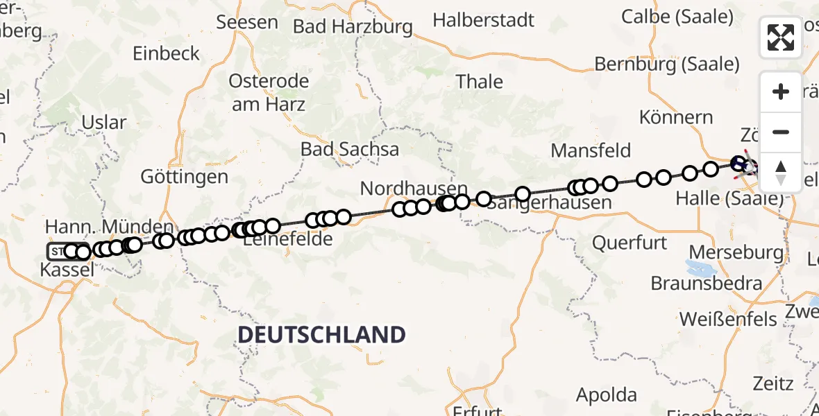 Flugroute Polizeihubschrauber Fuldatal Bundespolizei Hubschrauberlandeplatz - Halle-Oppin Flugplatz, 29 Juni 2026, 00:59