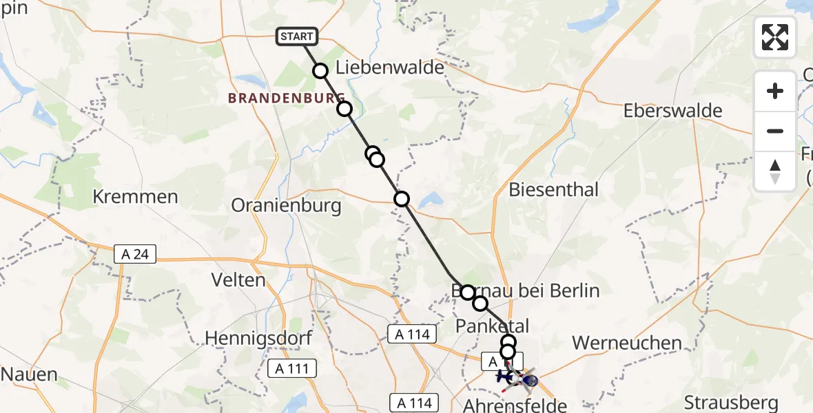 Flugroute Polizeihubschrauber Löwenberger Land - Ahrensfelde Hubschrauberlandeplatz, 29 Juni 2026, 02:36