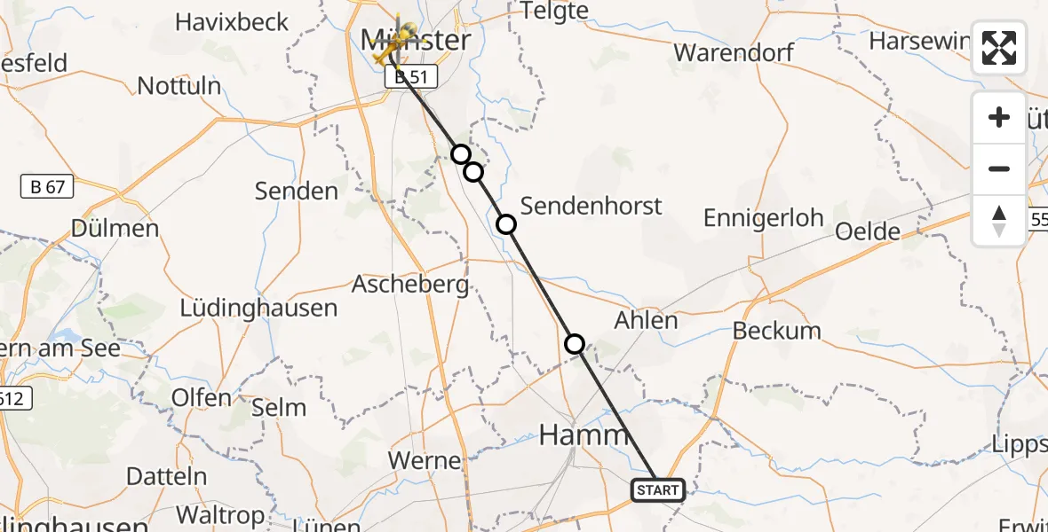 Flugroute Ambulanzhubschrauber Hamm - Münster, 29 Juni 2026, 03:17
