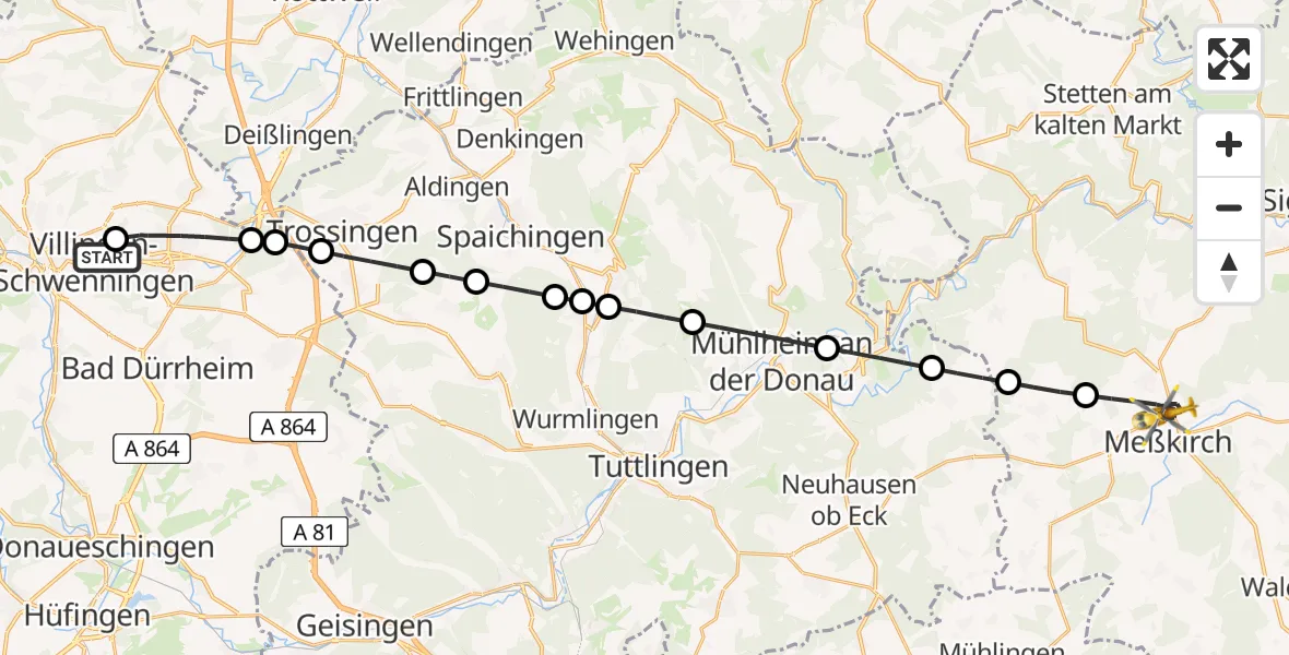 Flugroute Ambulanzhubschrauber DRF Air Rescue Station Villingen-Schwenningen Hubschrauberlandeplatz (Christoph 11) - Meßkirch, 29 Juni 2026, 03:21
