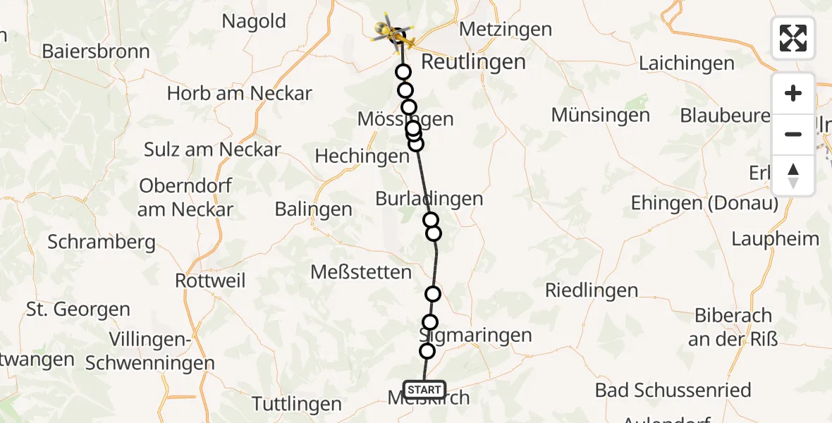 Flugroute Ambulanzhubschrauber Meßkirch - Tübingen University Hospital, 29 Juni 2026, 04:42