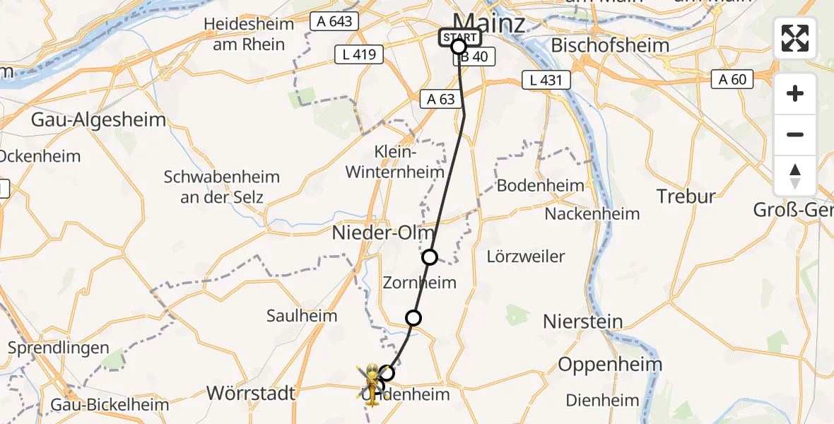 Flugroute Rettungshubschrauber Mainz University Hospital - Undenheim, 29 Juni 2026, 04:50