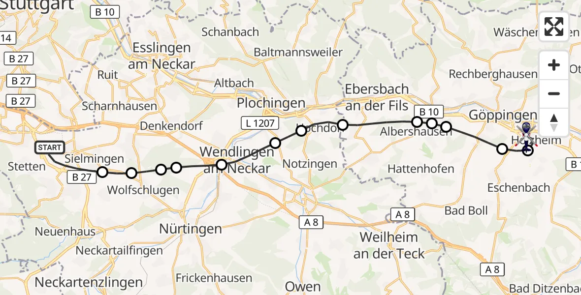 Flugroute Polizeihubschrauber Flughafen Stuttgart - Göppingen, 29 Juni 2026, 05:06