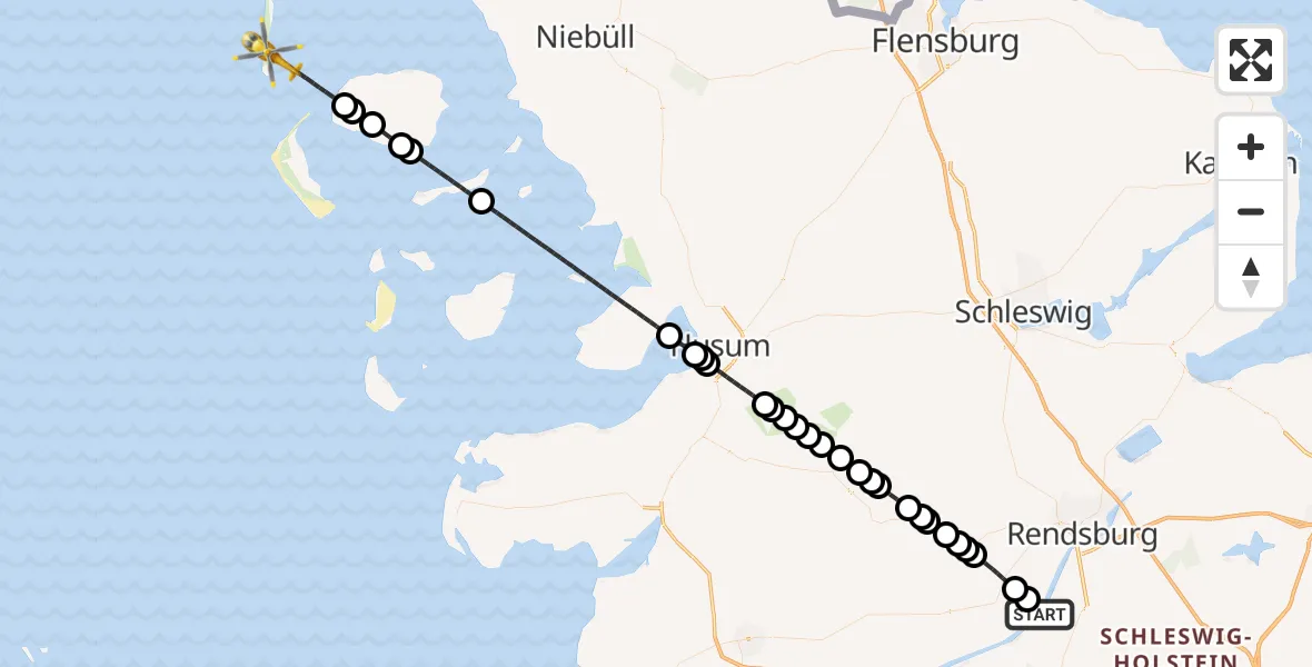 Flugroute Ambulanzhubschrauber Hörsten - Hörnum (Sylt), 29 Juni 2026, 05:10