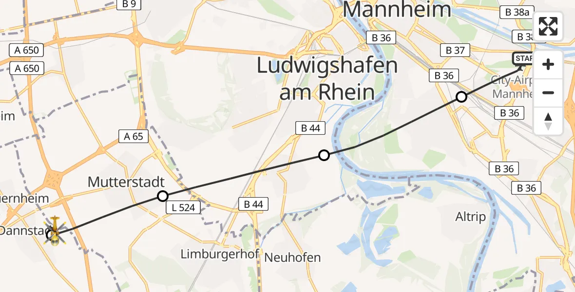Flugroute Rettungshubschrauber Mannheim-City Flughafen - Dannstadt-Schauernheim, 29 Juni 2026, 05:15