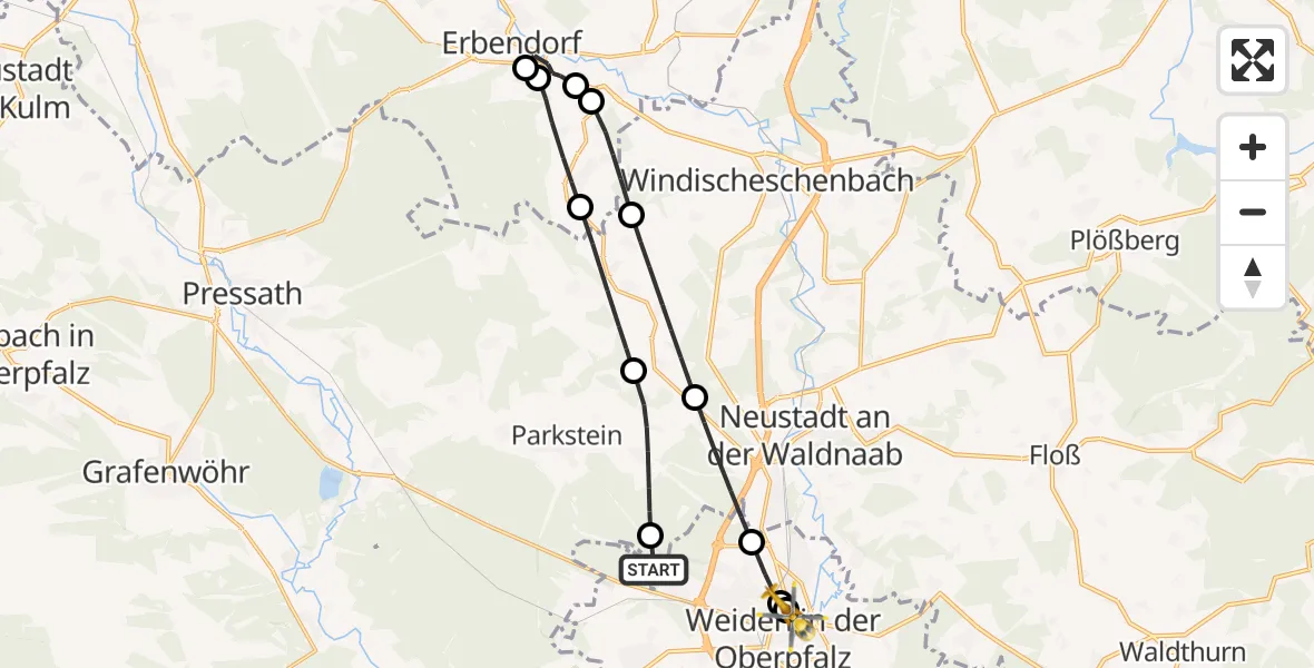 Flugroute Rettungshubschrauber Weiden i.d.OPf. - Weiden Hospital, 29 Juni 2026, 05:16