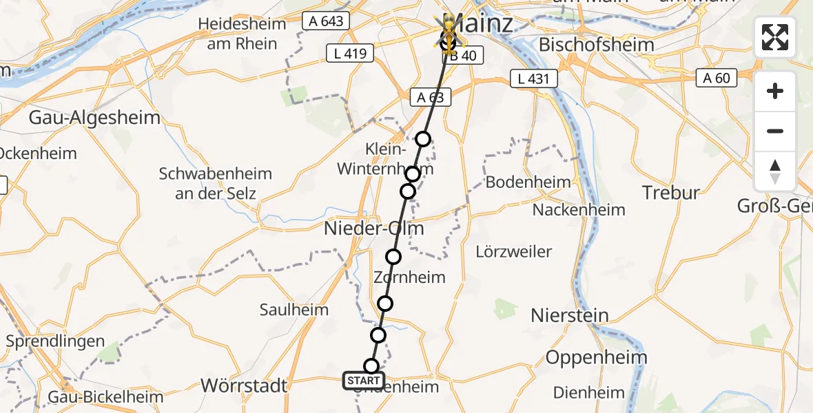 Flugroute Rettungshubschrauber Undenheim - Mainz University Hospital, 29 Juni 2026, 05:30